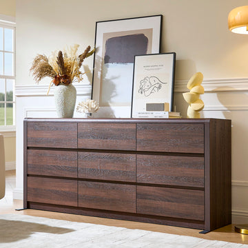 63" Wide Dresser, 9 Drawer Dresser, Walnut Dresser, Rounded Corner Safe & Handleless Design, Large Wooden Dresser