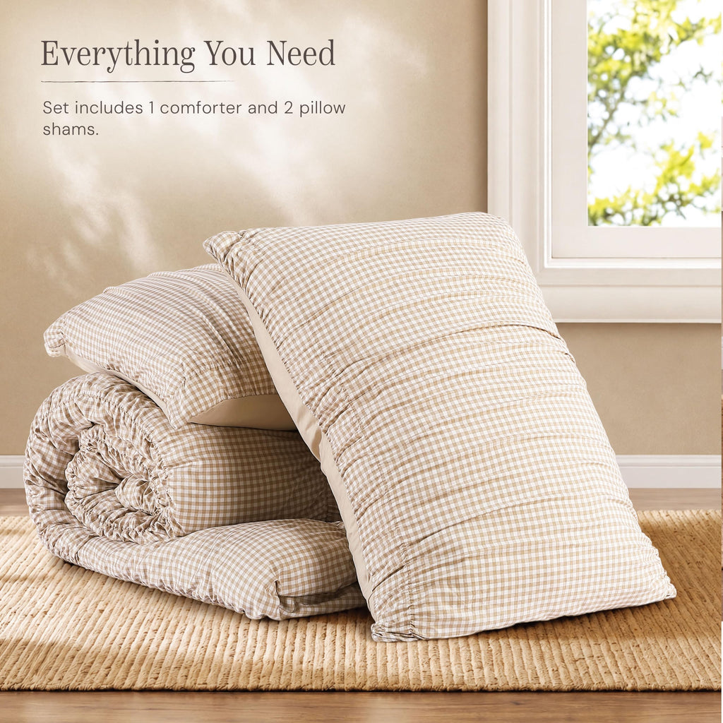 Tan Gingham Comforter Sets - 3 Pieces Ruched Bedding