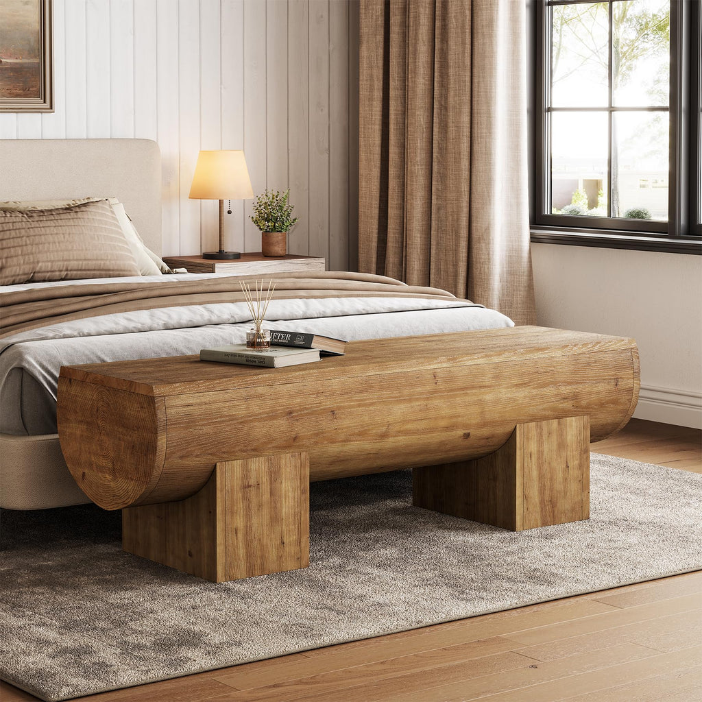 47 Inch Wooden Entryway Bench, Solid Wood End of Bed Bench Seat, Farmhouse Indoor Bench, Brown