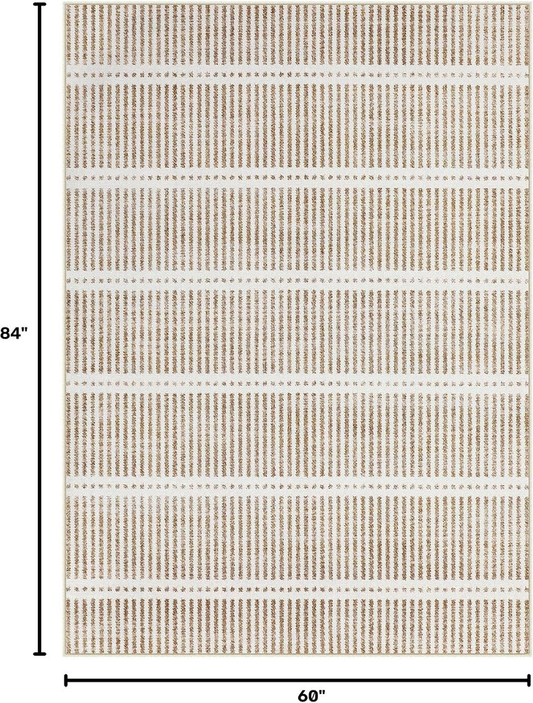Ultra Thin Washable Area Rugs, Modern Non-Slip Rugs Dining Room, Striped Farmhouse Large Carpet Playroom, Khaki