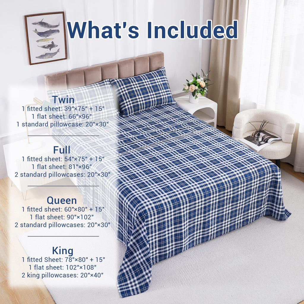Plaid 100% Cotton Sheets, Navy Blue Checkered
