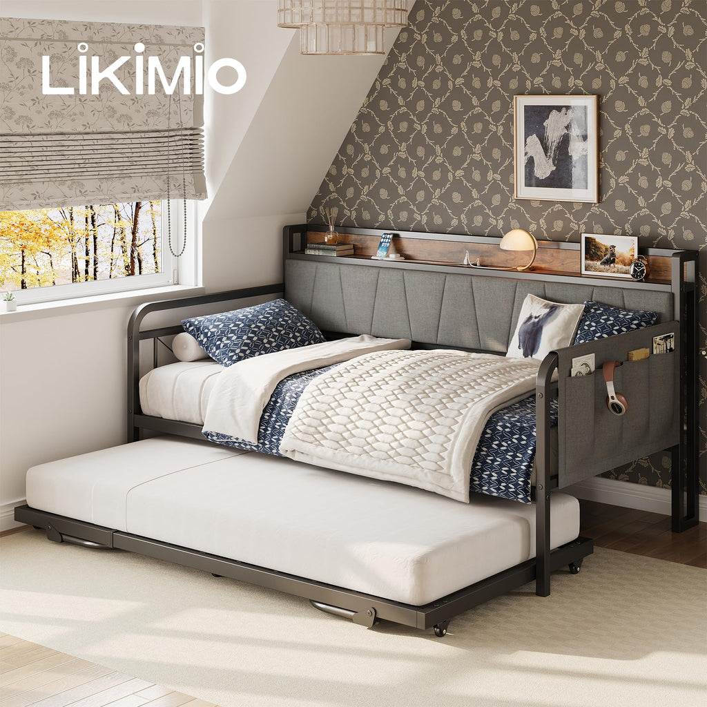 Twin Daybed with Trundle, Twin Bed Frames, Grey/Brown
