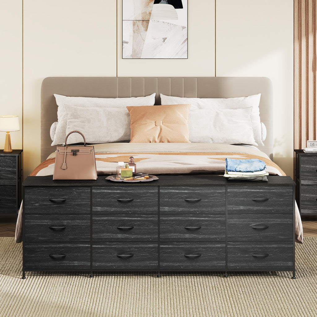 Dresser TV Stand for 85 Inch TV, 12 Drawer Dresser, Black Wood Grain
