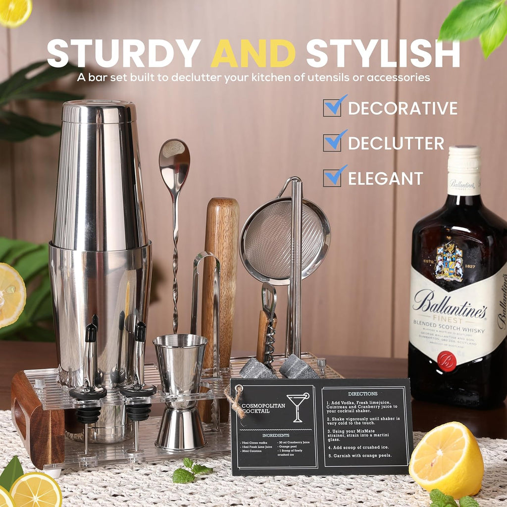 Mixology Bartender Kit with Stand - Bar Tool Set, Silver Bar Set Cocktail Shaker Set for Drink Mixing - Set of 15