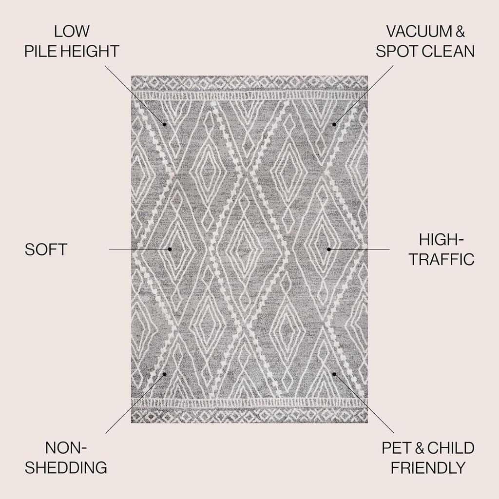 Rih Moroccan Style Diamond Gray/Ivory Indoor Area Rug, Bohemian, Casual, Easy-Cleaning, Pet Friendly