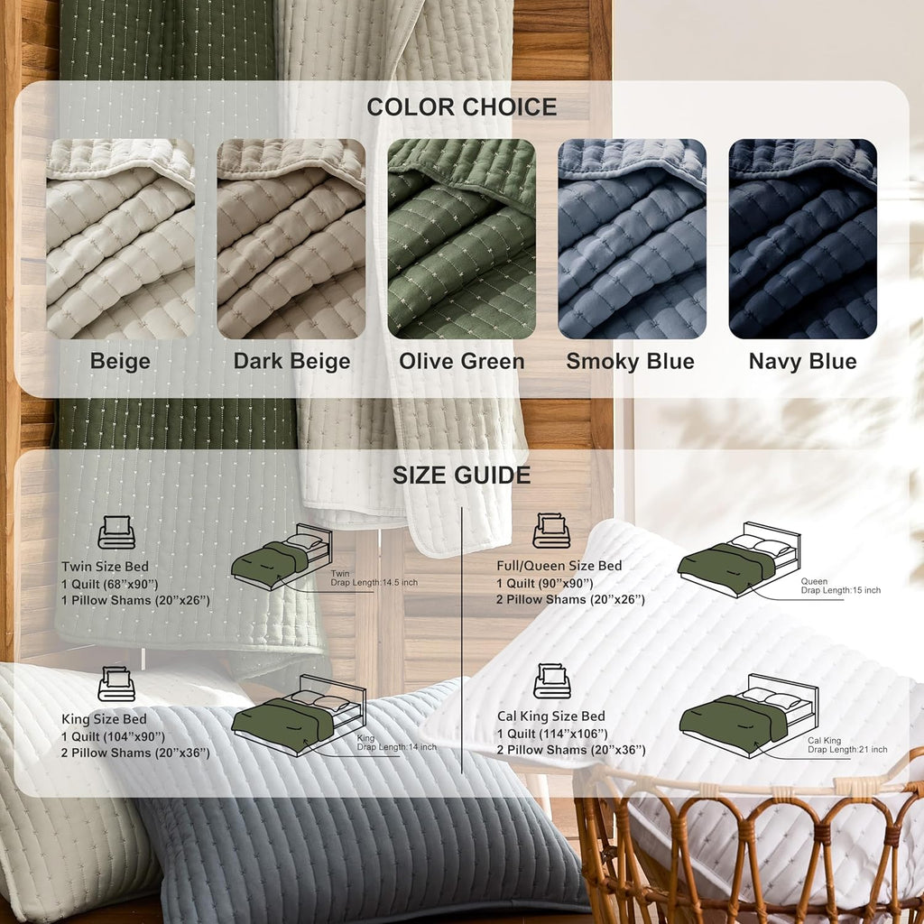 Olive Green Cross Stitch Queen Quilt Set, Striped Lightweight Soft Bedspread, Channel Farmhouse Rustic Coverlet, All