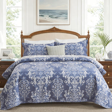 100% Cotton Quilt Set, Vintage Damask Floral, Insignia Blue