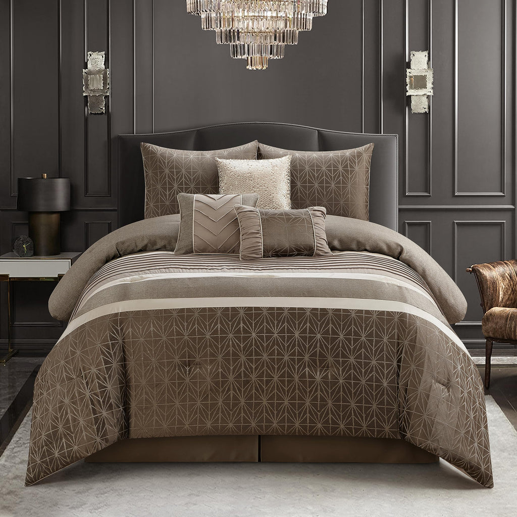 Taupe Comforter Set King Size, 7 PiecesGeometric Bedding Set, Jacquard with Matching Solid Piecework
