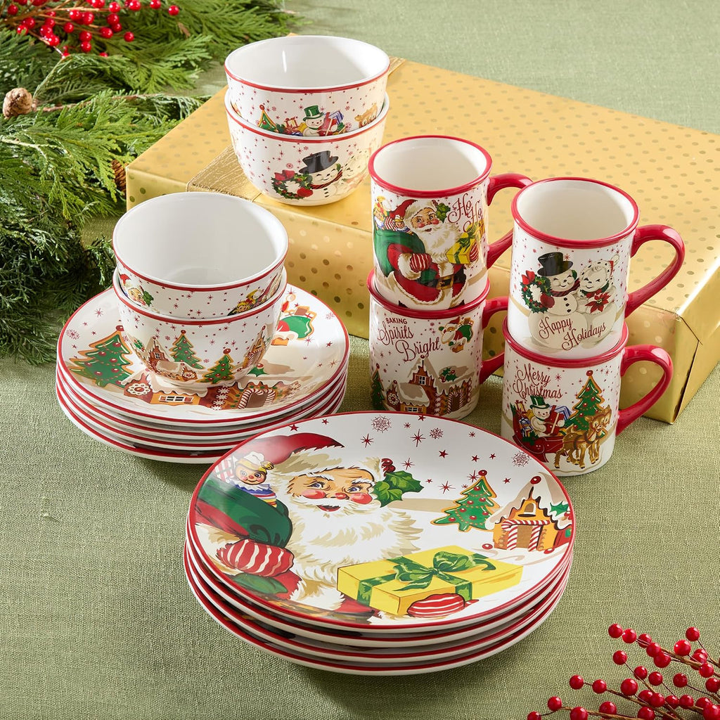 Santa's Retro Christmas 16 pc Dinnerware Set, Service for Holiday Plates, Bowls & Mugs with Vintage Santa