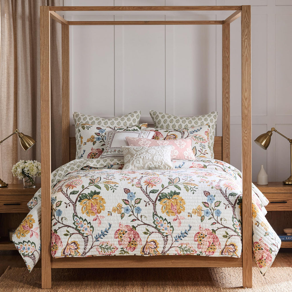 Maileen Dusty Rose Quilt Set - Quilt and One Standard Sham - Floral - Dusty Rose Ochre Blue Green Brown