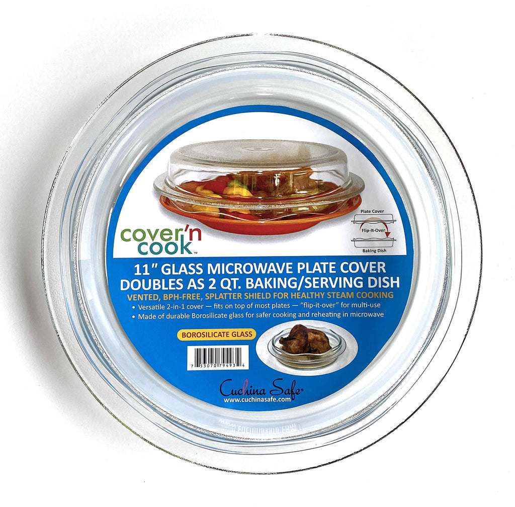 Safe 2-in-1 Cover 'n Cook Vented Glass Microwave Plate Cover and Baking Dish; Easy to Grip for Baking and Serving