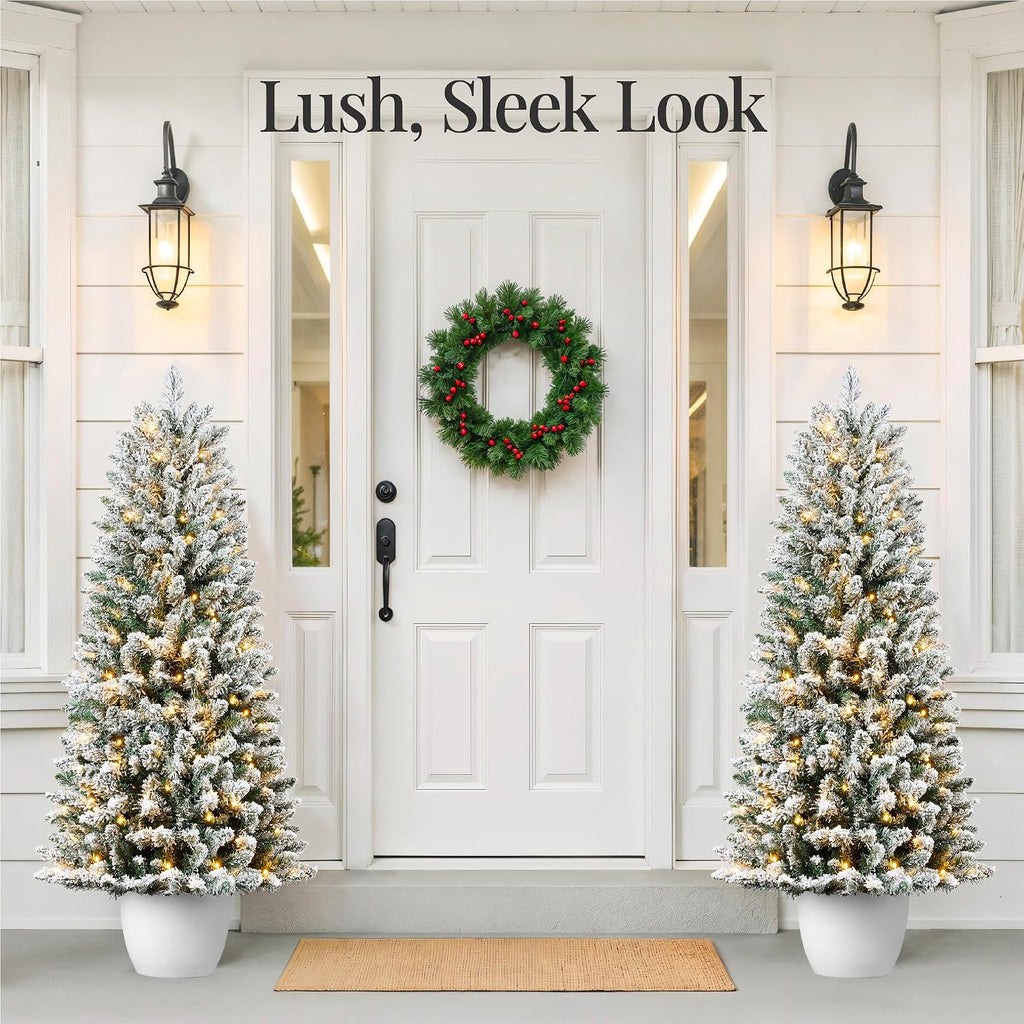 Prelit Potted Flocked Pencil Christmas Tree, 4.5Ft Artificial Lighted Holiday Décor, 175 Twinkling LEDs , Front Porch