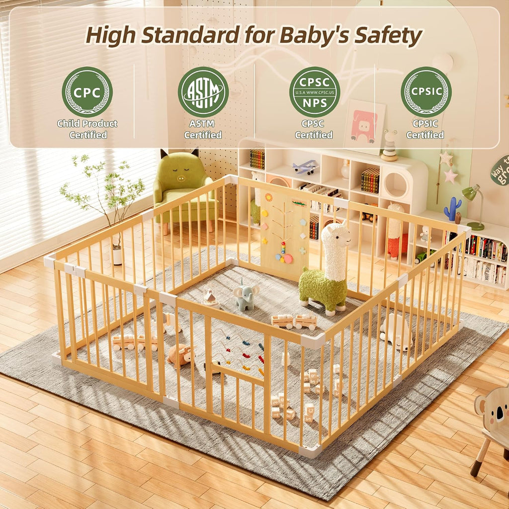 Wooden Baby Playpen with Locking Gate, Extra Large Playpen for Babies and Toddlers, Size Adjustable Activity Center