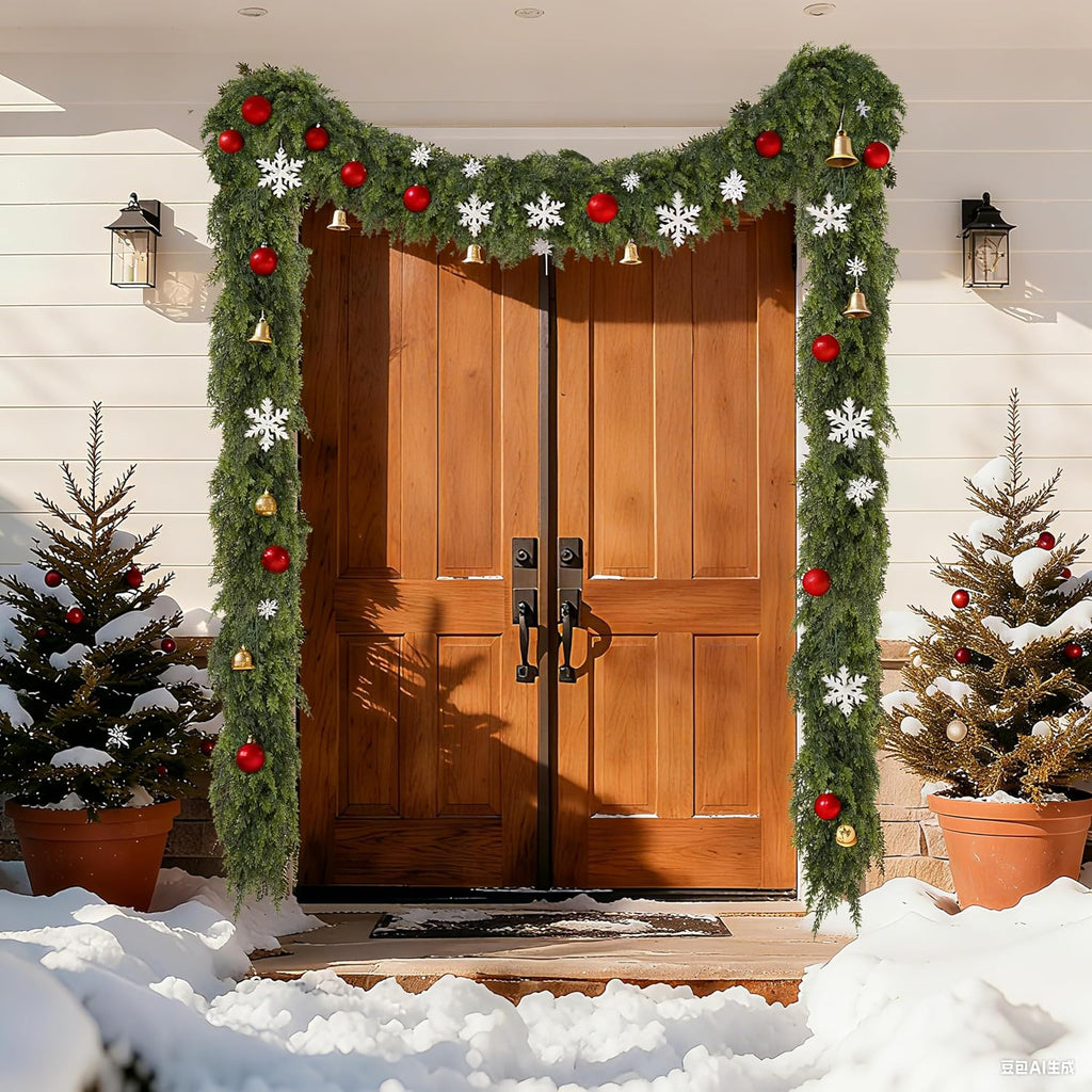 9Ft Christmas Cedar Garland, Artificial Realistic Greenery Faux Garlands Touch Like Real Pine Needles Xmas Décor