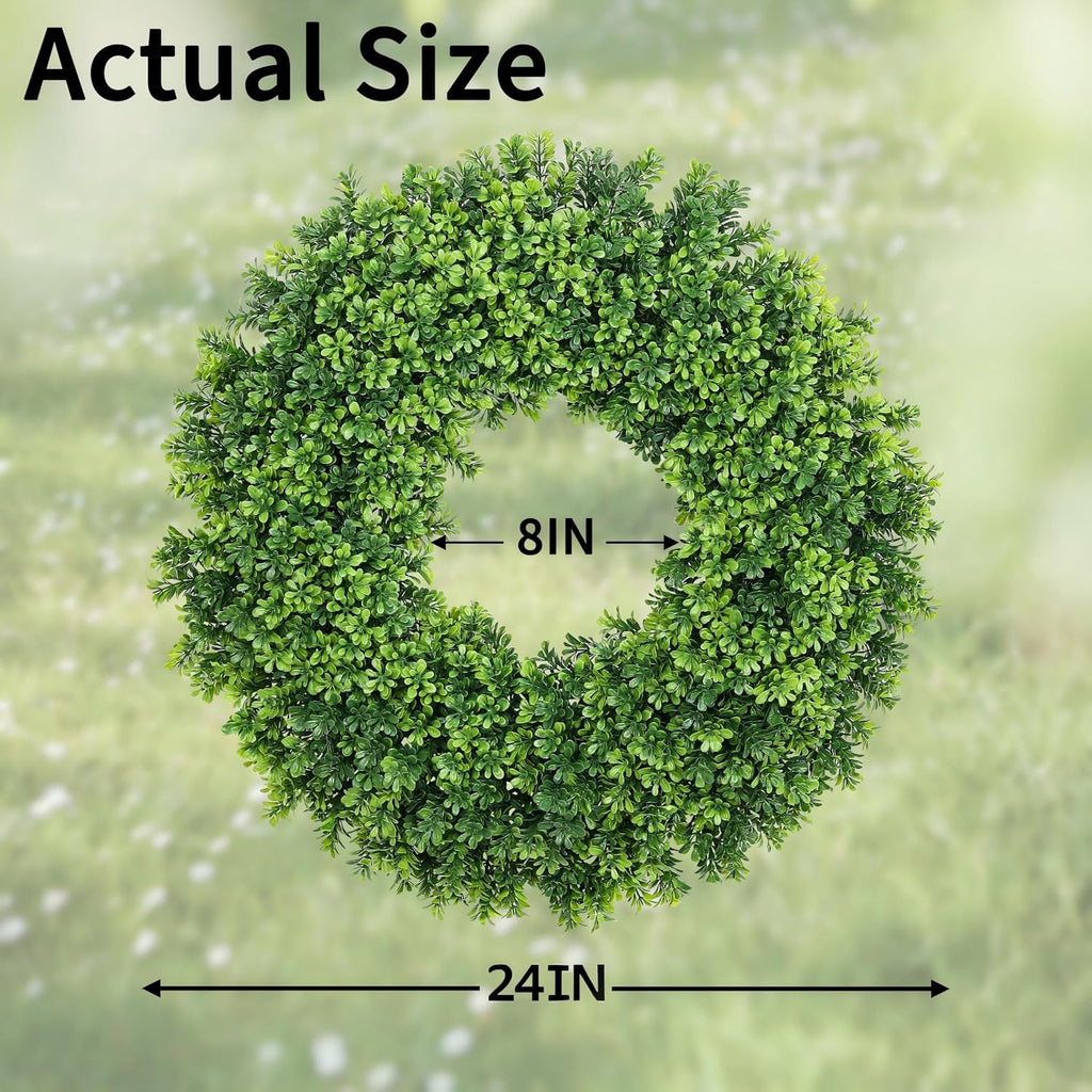 24 Inch Boxwood Wreath for Front Door, Spring/Summer All Season Door Wreath, Farmhouse Style, Outdoor Indoor Decor
