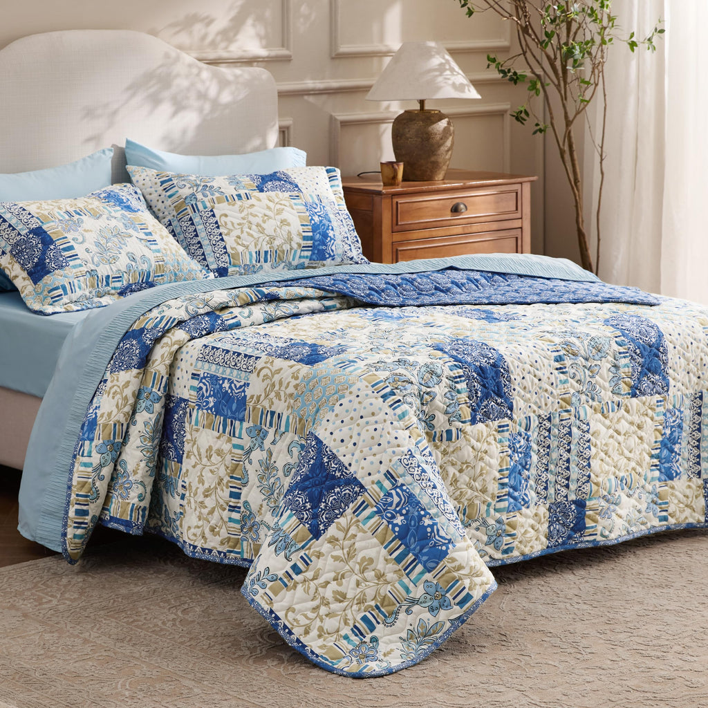 Patchwork Quilt, Reversible Boho Comforter Bedding, Blue