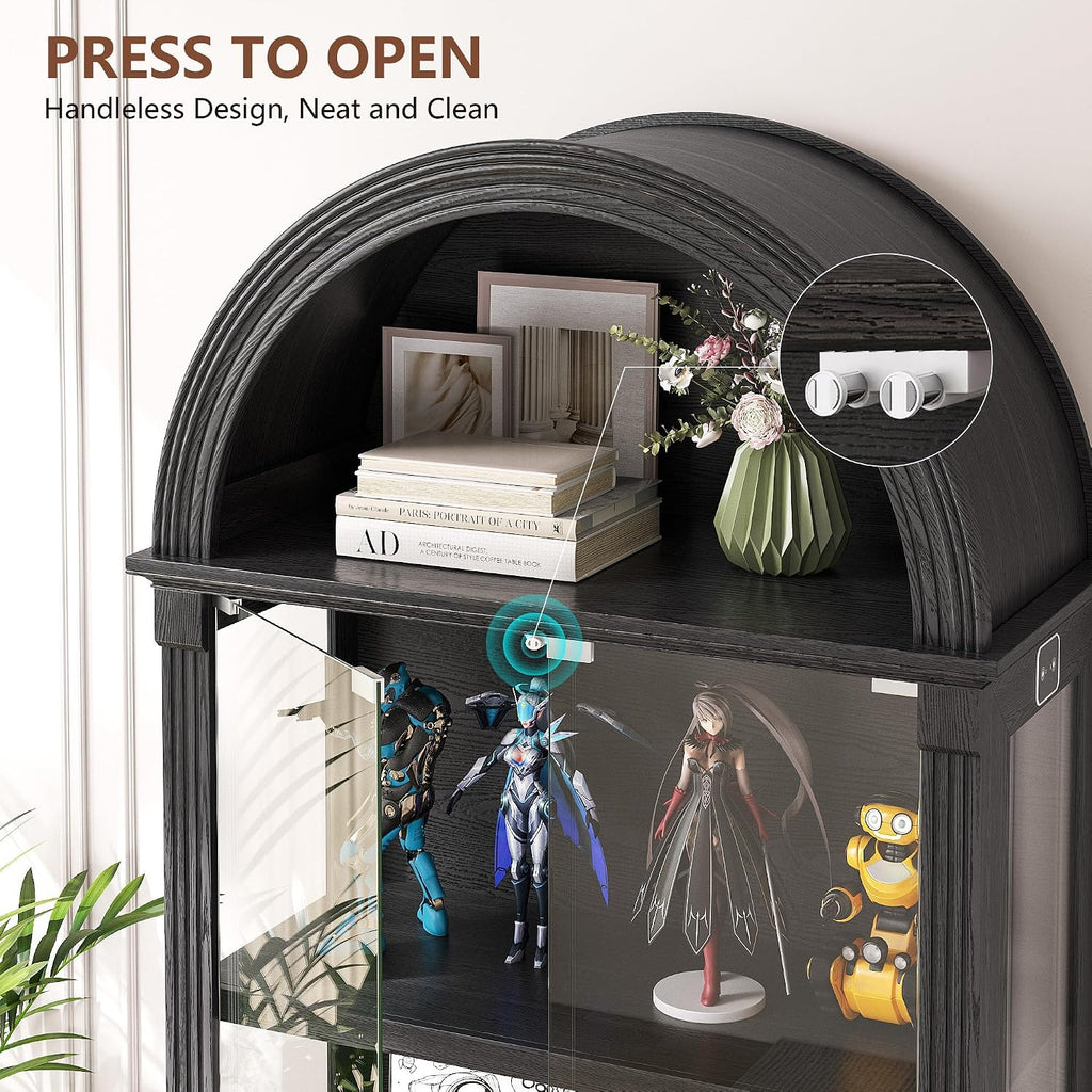 Black Curio Cabinet with Glass Doors, 72" Tall Arched Display Cabinet with Human Sensor Lights, 4-Tier Display Case