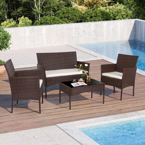 4 Piece Outdoor Patio Furniture Set, Wicker Rattan Patio Conversation Set