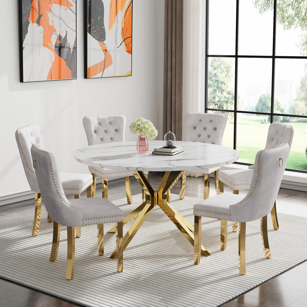 47.2" Round Dining Table Set for 6, White Faux Marble Kitchen Table & 6 Beige Velvet Chairs with Gold Stainless Steel