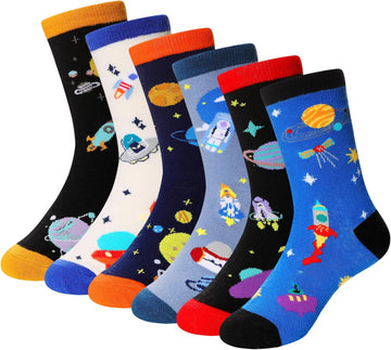 Boys Socks Kids Funny Cotton Novelty Crew Cartoon Space Dinosaur Crazy Socks 6 Pairs