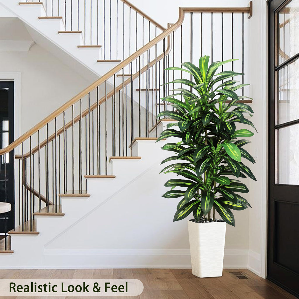 Artificial Dracaena Tree 6FT, faux plants indoor with White Tall Planter