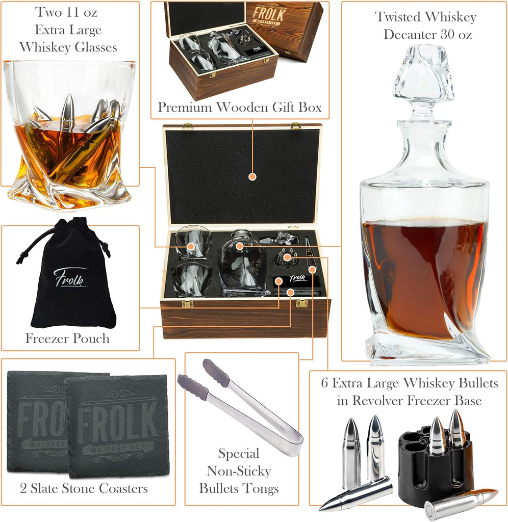 Whiskey Decanter and Stones Gift Set for Men - Whiskey Decanter, 2 Twisted Whiskey Glasses, 6 XL Stainless Steel - Set of 12