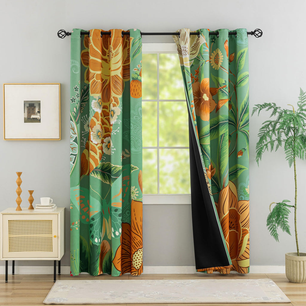 Sage Green Floral Butterfly Blackout Curtains, 52W x 63L, 2 Panels