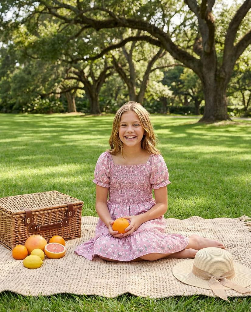 Summer Floral Smocked Dress Square Neck Puff Sleeve Ruffle School Party Teen Sundress