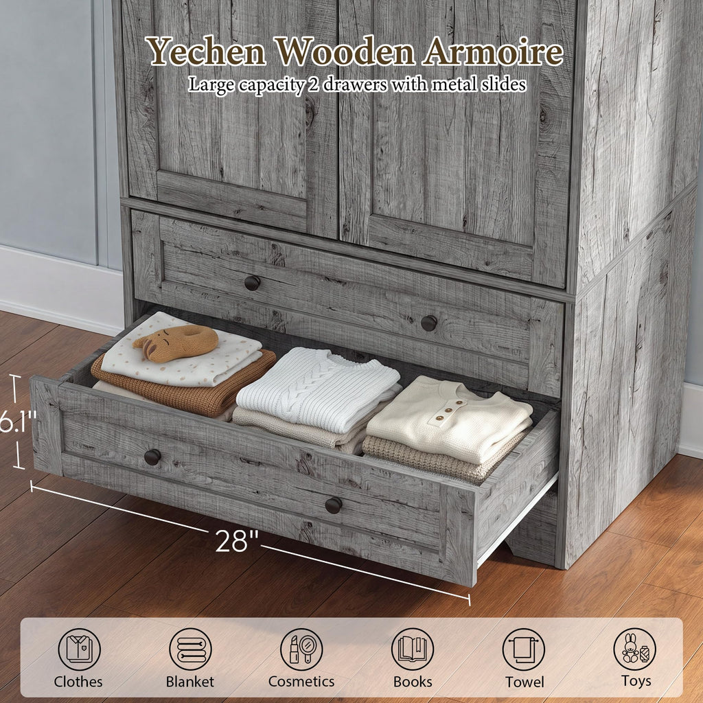 71" Wooden Armoire Wardrobe Closet with 2 Doors & 2 Drawers, Grey