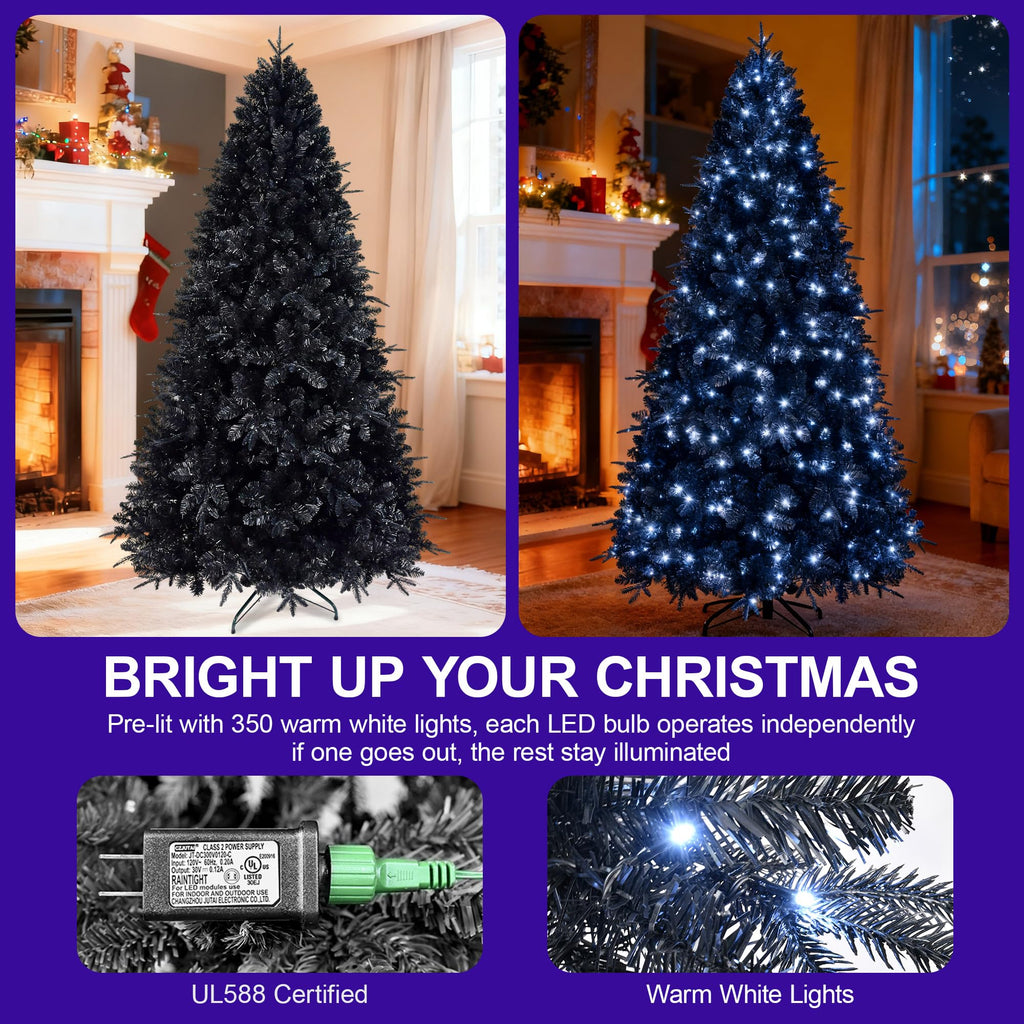 6FT Pre-Lit Black Christmas Tree with Cold White Lights for Halloween