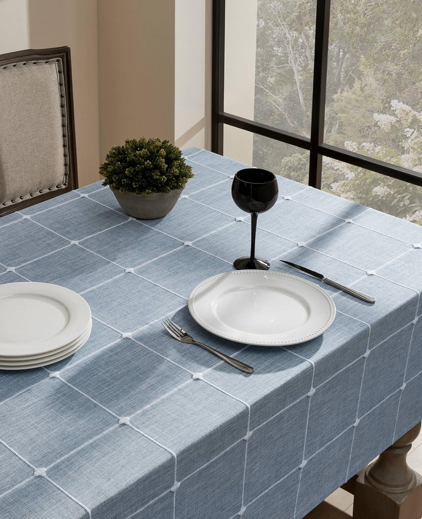 Grid Embroidered Rectangle Hemmed Tablecloths 60x104in, Blue
