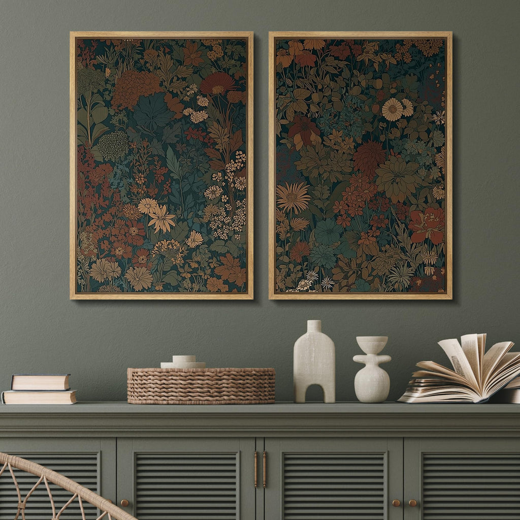 Framed Canvas Print Wall Art Set Vintage Botanical Floral Dark Green and Rust Toned Illustration Modern Art
