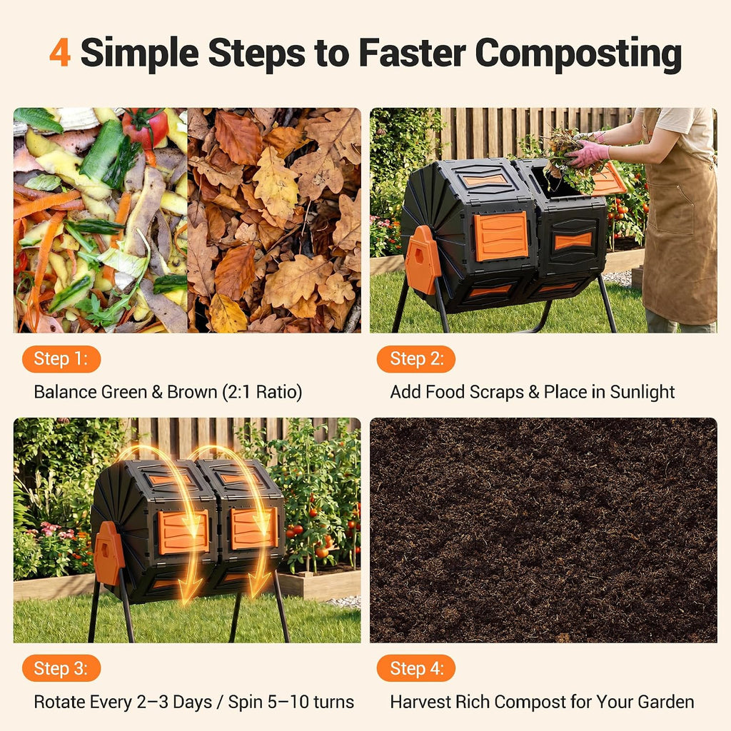 Composter Tumbler Outdoor, 45Gal Dual Chamber Batch Rotating Compost Tumbler, Easy Assembly/UV Resistant/BPA-Free/HOA