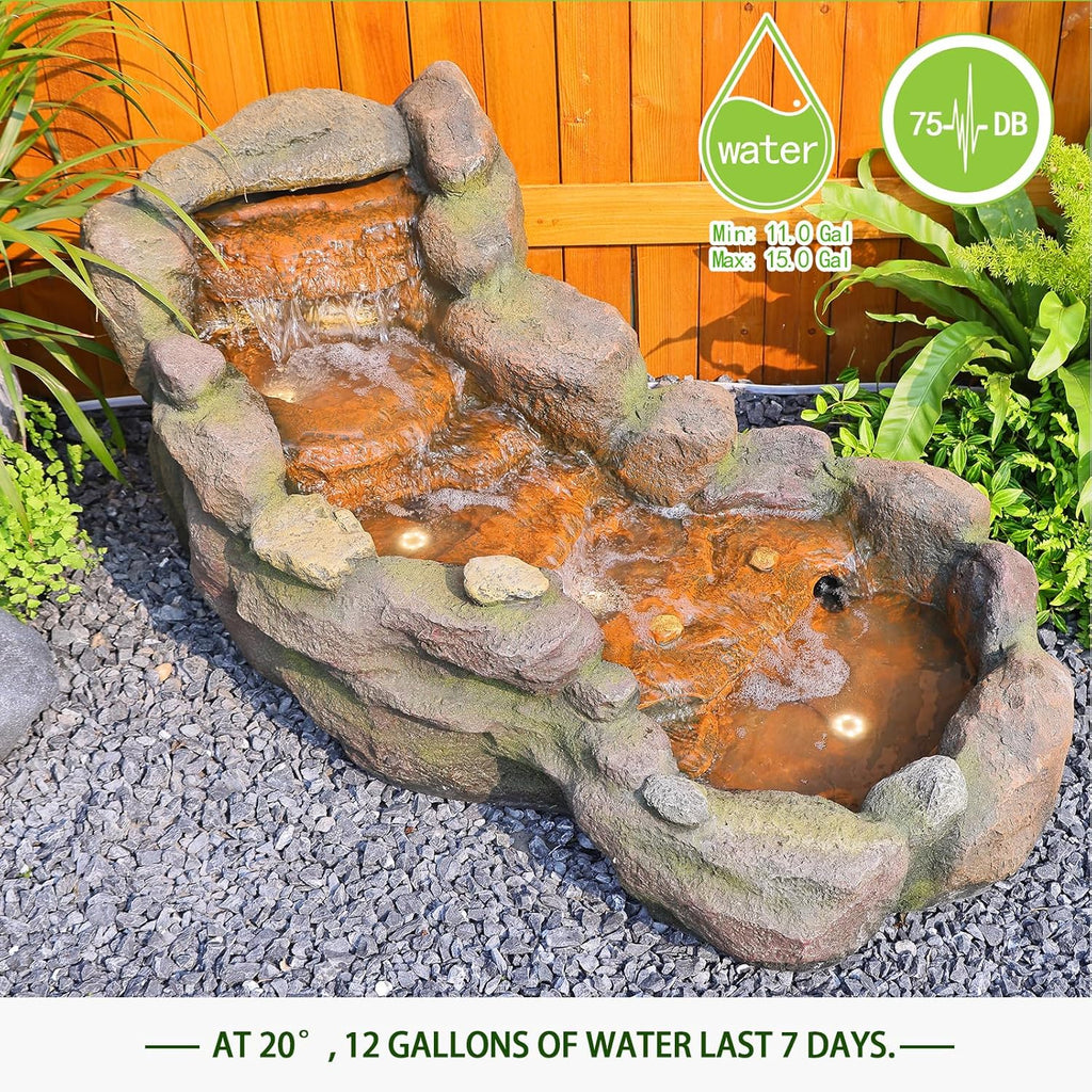 Garden Outdoor Water Fountain, 42.1" L Floor Standing Tiered Rock Outdoor Fountains with LED Lights and Pump