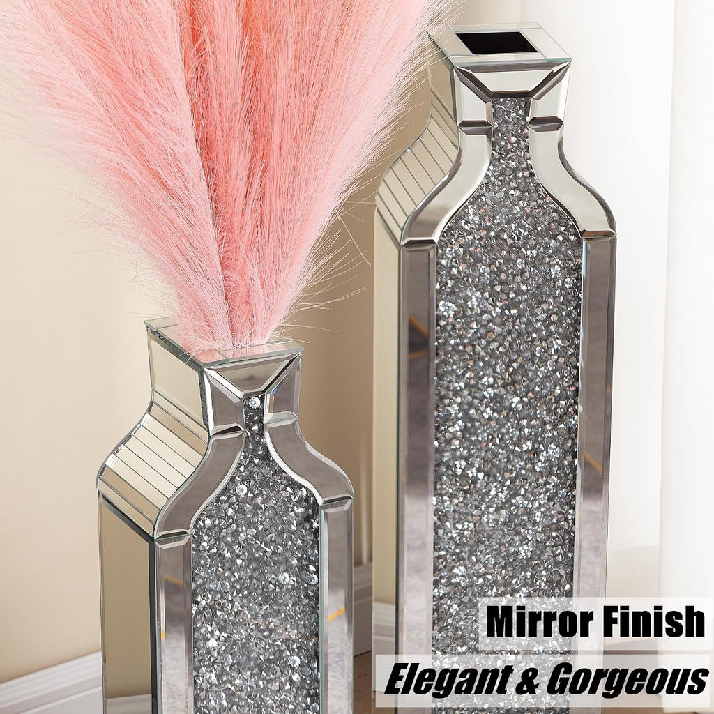 Floor Vase Crushed Diamond Mirrored Vase - Silver Floor Standing Vases Set of 2-24" & 30" Large Crystal Tall Vases
