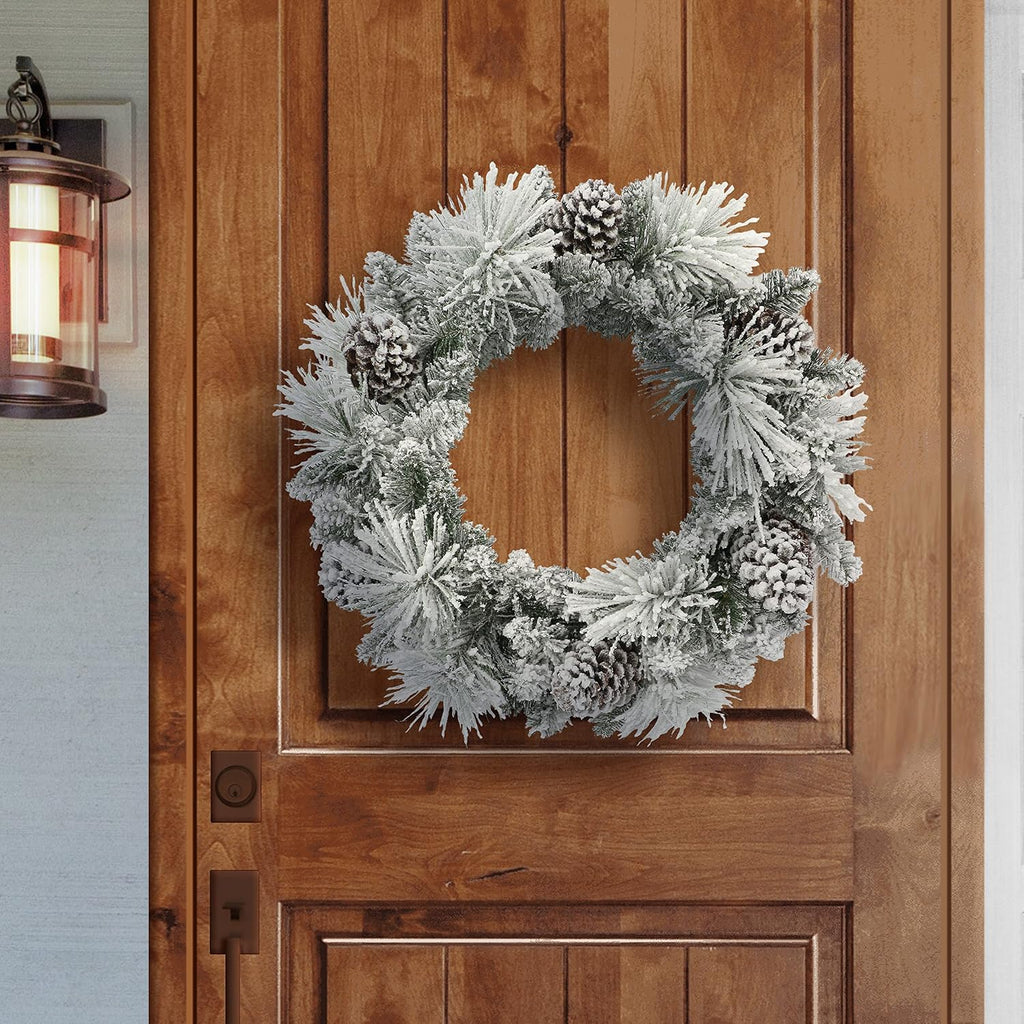 24 in Flocked Berkshire Spruce Wreath, 56 Tips, Pine Cones
