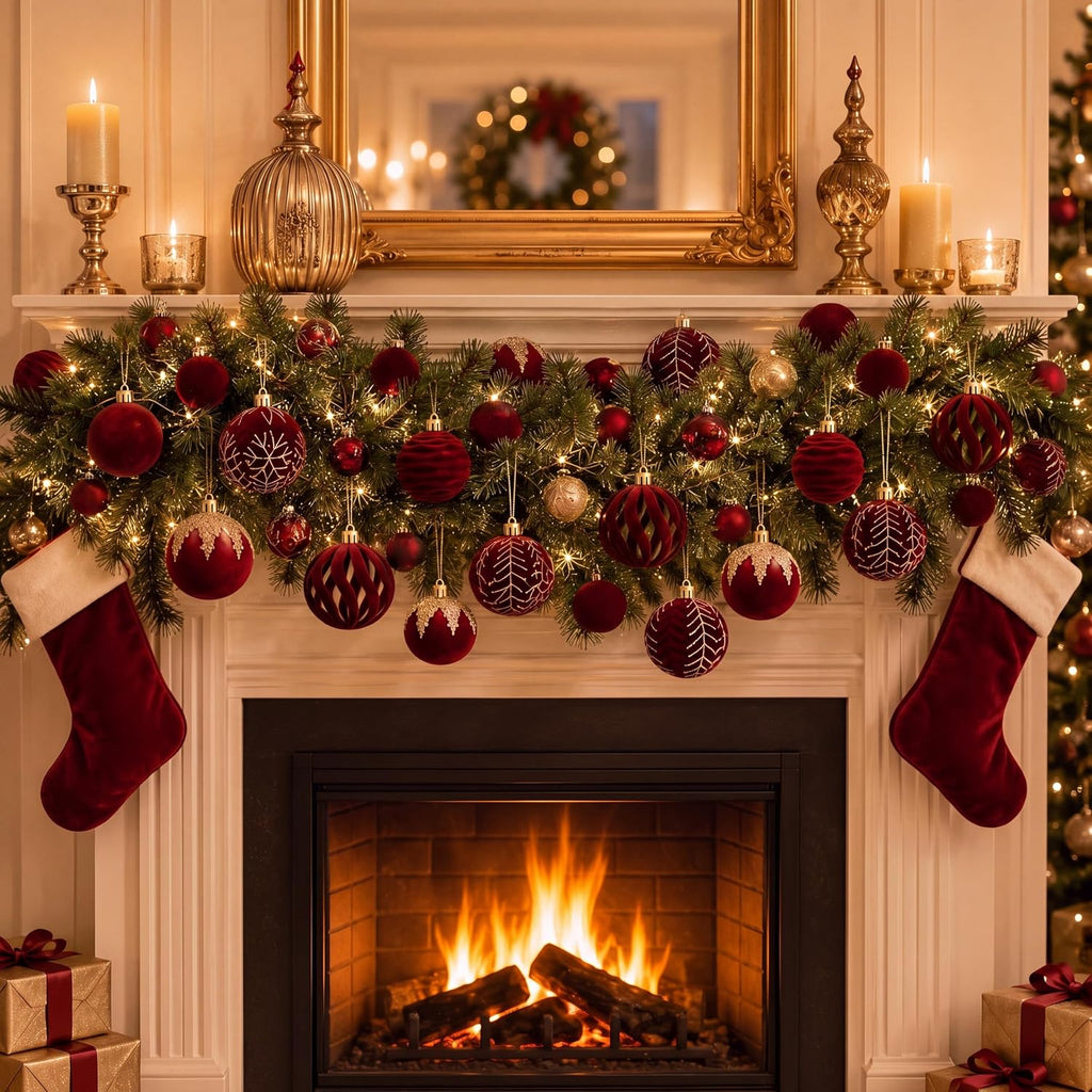 Burgundy Red Velvet Christmas Ball Ornaments Set - Set of 30