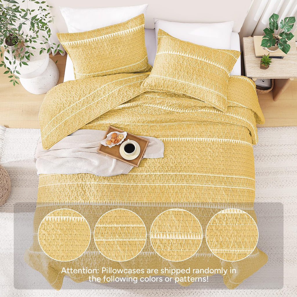 Yellow Oversized Super King Quilt Set, 3 Pieces Striped Bedspread
