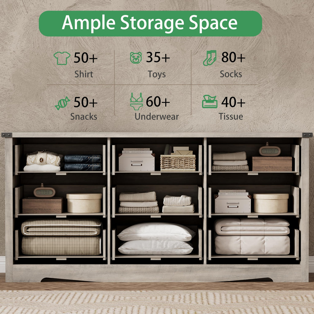 Dresser with 9 Drawers, 63" Wide Wood Chest of Drawers with Deep Drawers & Mental Handle, Modern Dresser TV Stand