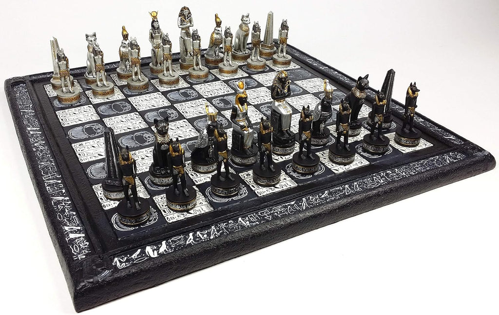 Egyptian Anubis Chess Set Black Silver and Gold Men with 16" Hieroglyphic Board