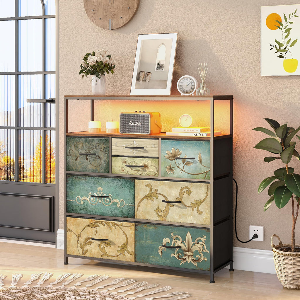 TV Stand with Power Oulet Dresser with Charging Station & LED Light with 8 Fabric Drawers Storage Chest of Drawers
