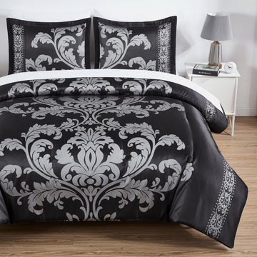 Valor 7-Piece Bed in a Bag, Black/Silver Luxury Jacquard Floral Comforter with Sheets Set for All Season