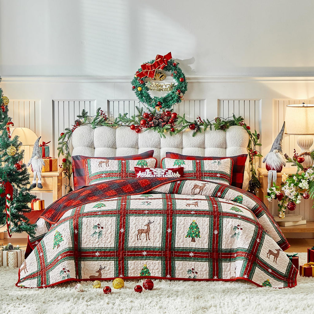 Christmas Quilt Set Patchwork Plaid Style with Green Red Plaid and Deer Tree Berry Reversible Gingham Design - Xmas