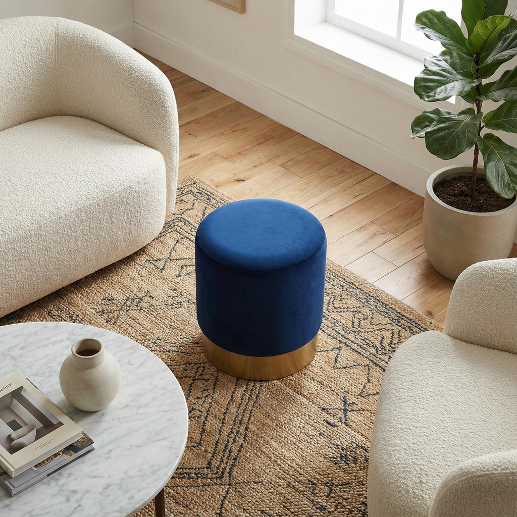 Sheppe Cylindrical Ottoman, 18", Blue Velvet With Gold Base