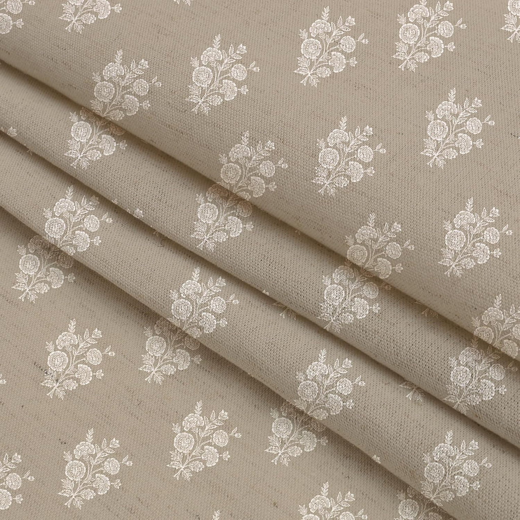 Beige Linen Textured Ruffle Shower Curtain - Vintage Floral Block Print,Boho Cottagecore Farmhouse French Country