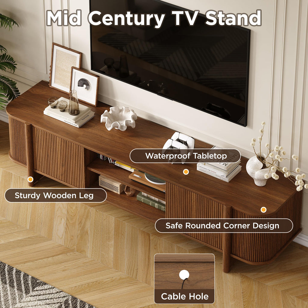 70" Mid Century TV Stand for TVs up to 80 Inch, Fluted Entertainment Center with Storage and Adjustable Shelves, Modern