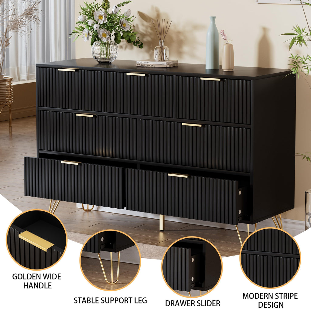 Black 7 Drawer Fluted Dresser with Gold Handles