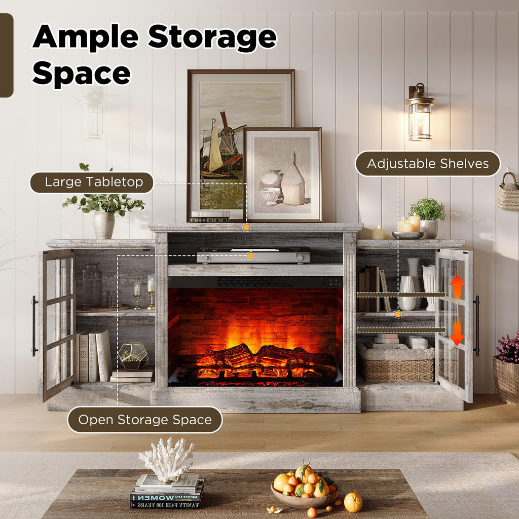 70" Farmhouse TV Stand with 28" Fireplace, Light Grey