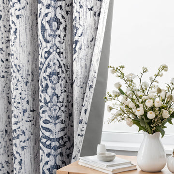 Navy Blue Printed Blackout Curtains 84 Inch Length 2 Panels Set Living Room, Coastal Chinoiserie Toile Floral