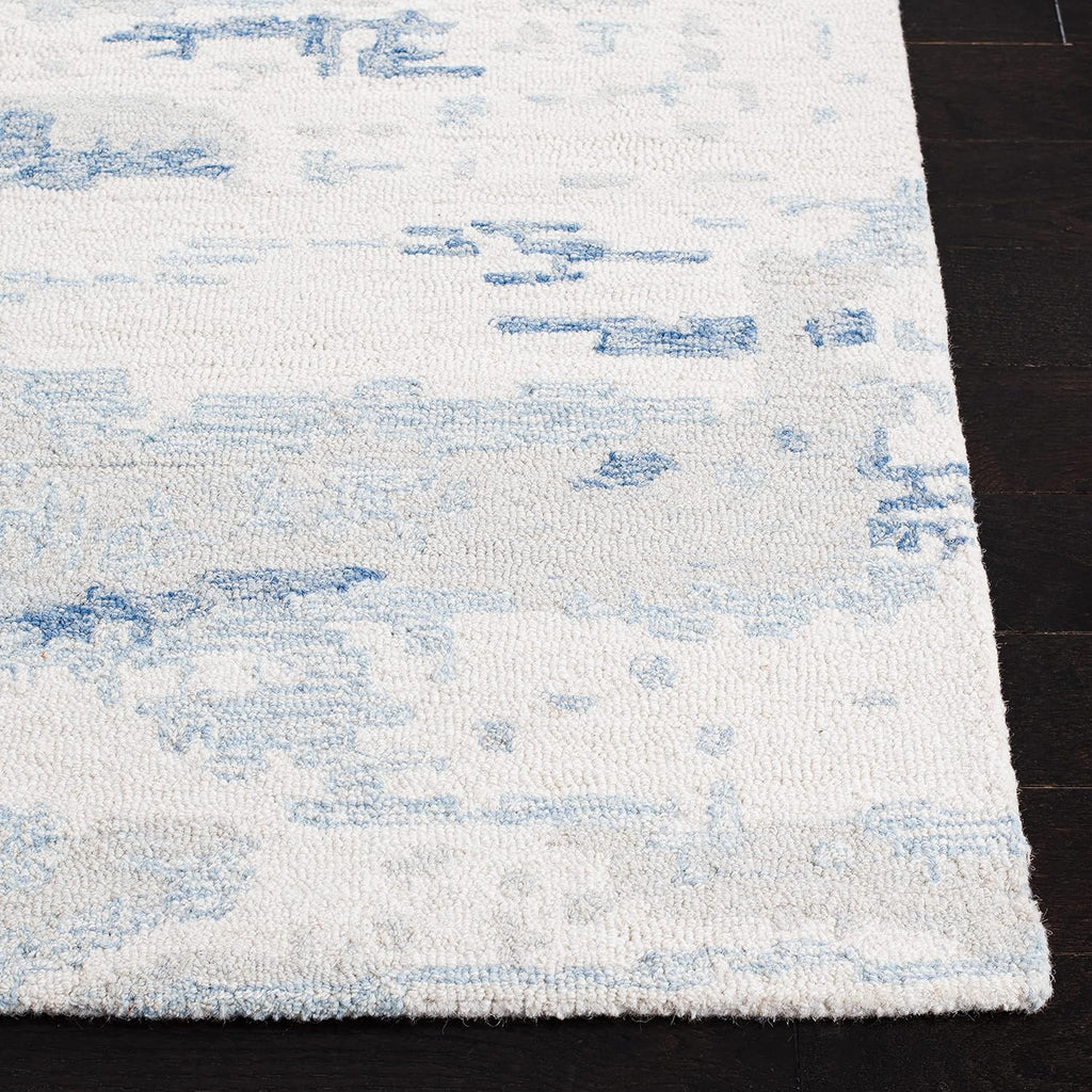 Abstract Area Rug - 10' x 14', Ivory & Blue, Handmade Abstract Wool